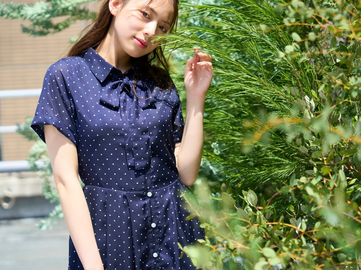 ボウタイ付きシャツロングワンピース