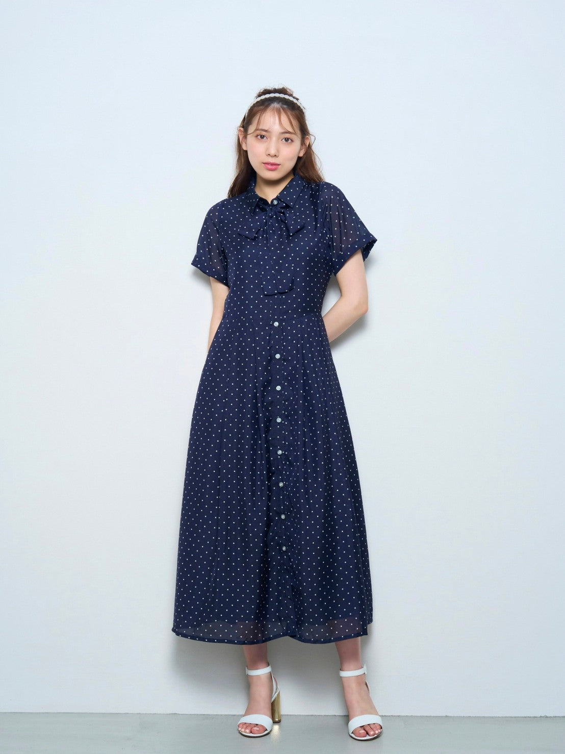ボウタイ付きシャツロングワンピース
