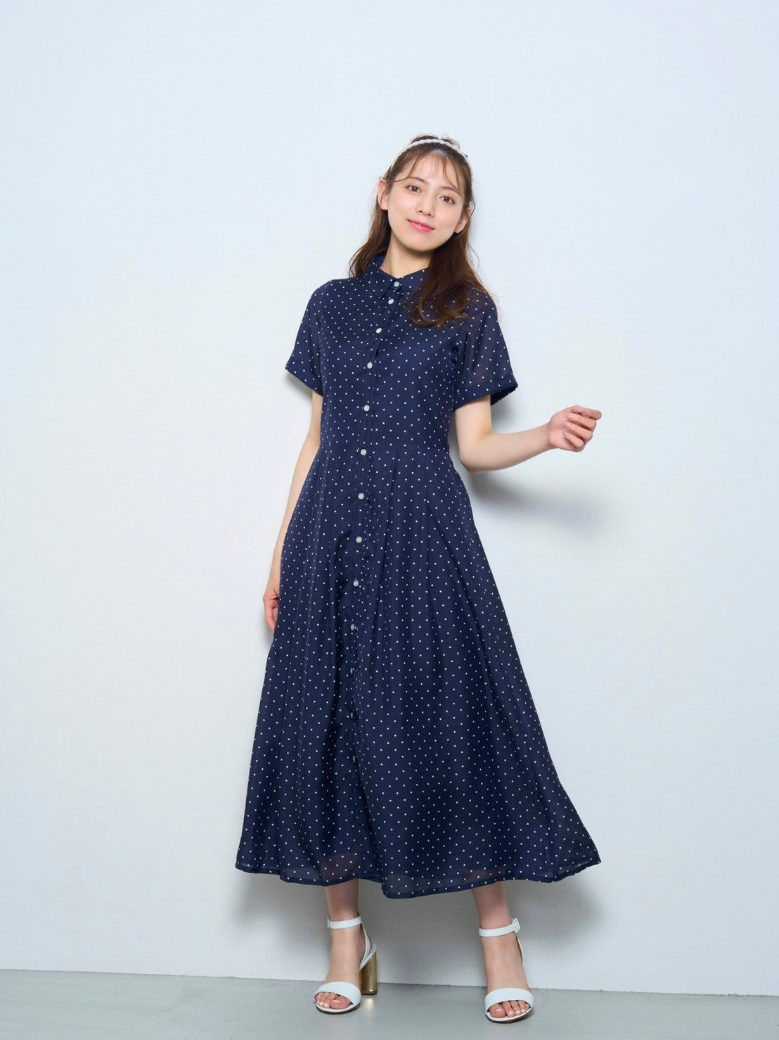 ボウタイ付きシャツロングワンピース