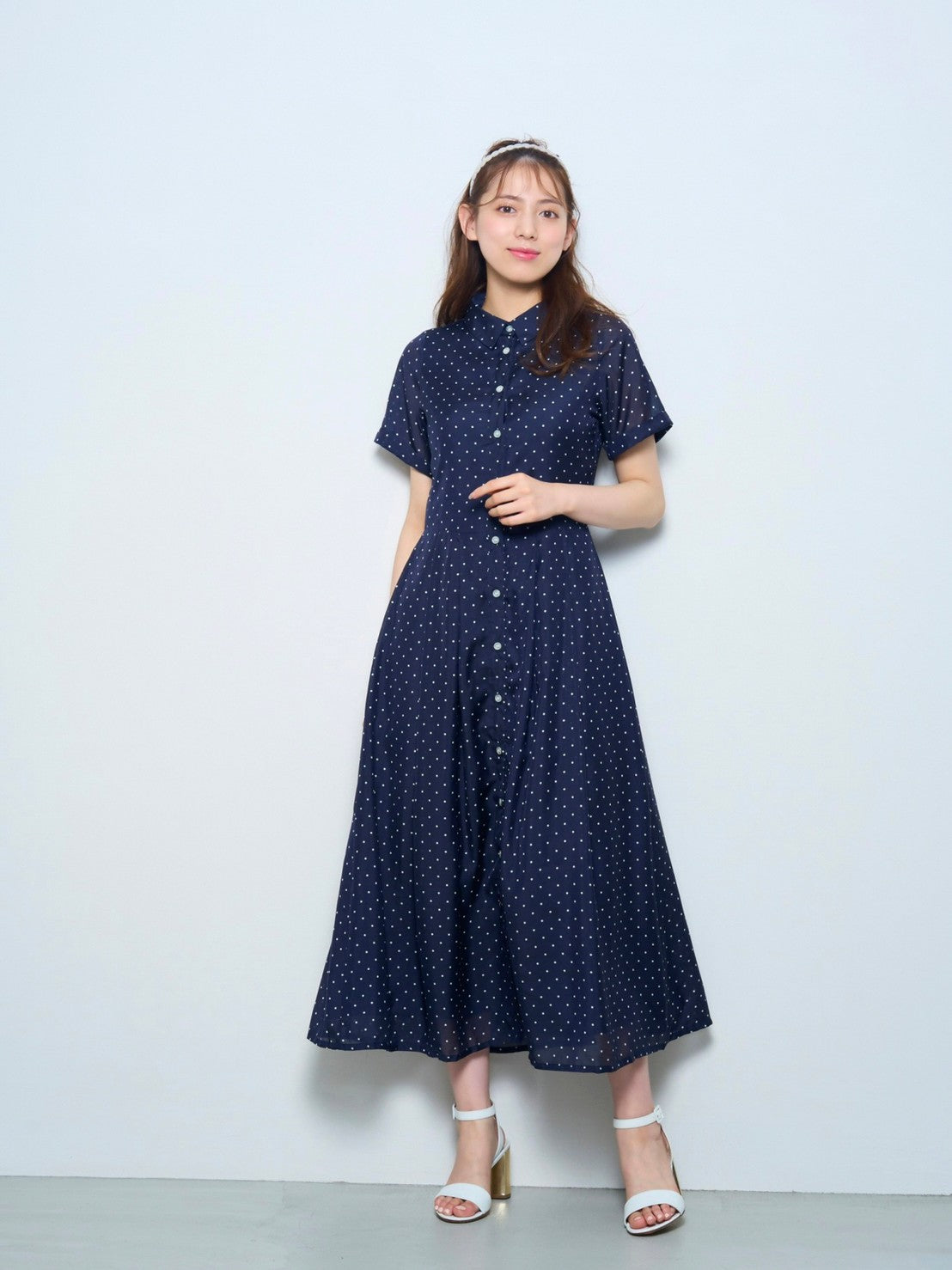 ボウタイ付きシャツロングワンピース